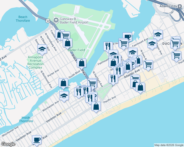map of restaurants, bars, coffee shops, grocery stores, and more near 128 North Hartford Avenue in Atlantic City