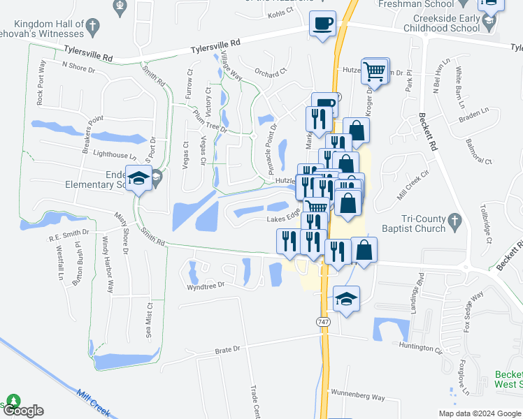 map of restaurants, bars, coffee shops, grocery stores, and more near 4668 Lakes Edge in Butler County