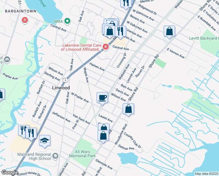 map of restaurants, bars, coffee shops, grocery stores, and more near 201 Davis Avenue in Linwood