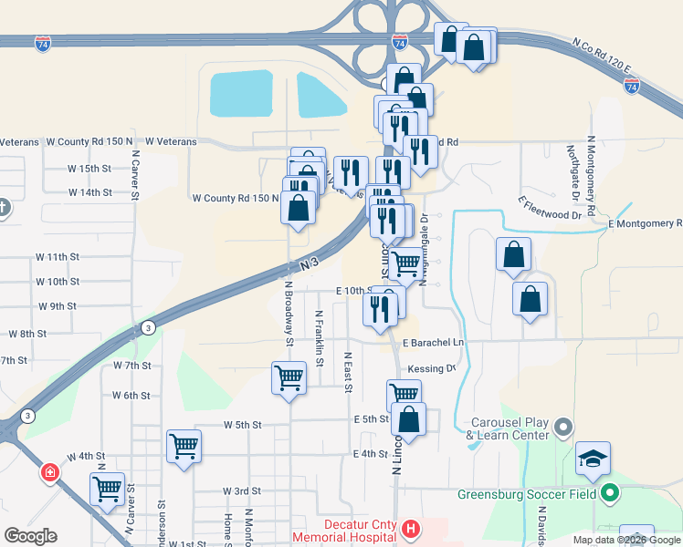 map of restaurants, bars, coffee shops, grocery stores, and more near 302 East 10th Street in Greensburg