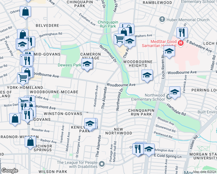 map of restaurants, bars, coffee shops, grocery stores, and more near 1205 Woodbourne Avenue in Baltimore