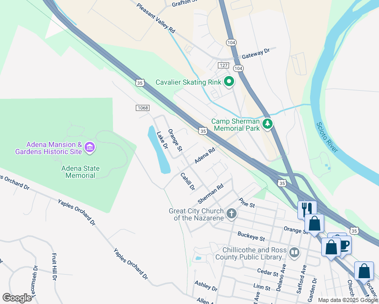 map of restaurants, bars, coffee shops, grocery stores, and more near 5 Neenah Road in Chillicothe
