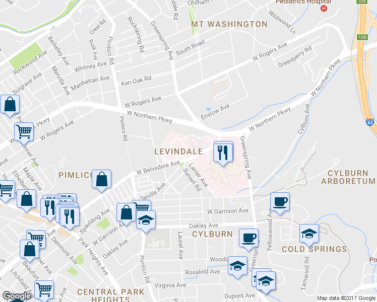 map of restaurants, bars, coffee shops, grocery stores, and more near 2535 West Belvedere Avenue in Baltimore