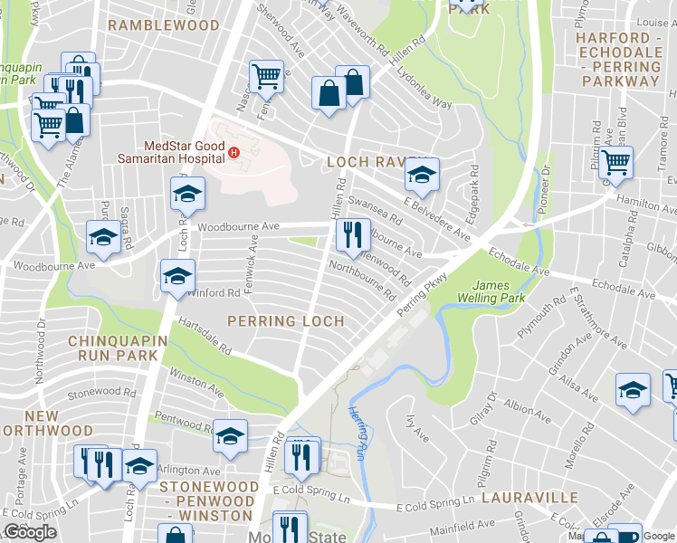 map of restaurants, bars, coffee shops, grocery stores, and more near 1717 Northbourne Road in Baltimore
