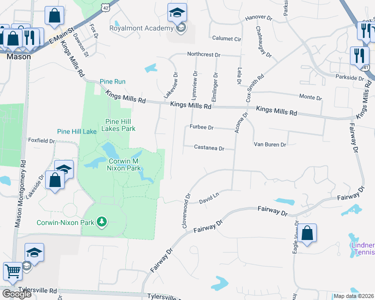 map of restaurants, bars, coffee shops, grocery stores, and more near 102 Castanea Drive in Mason
