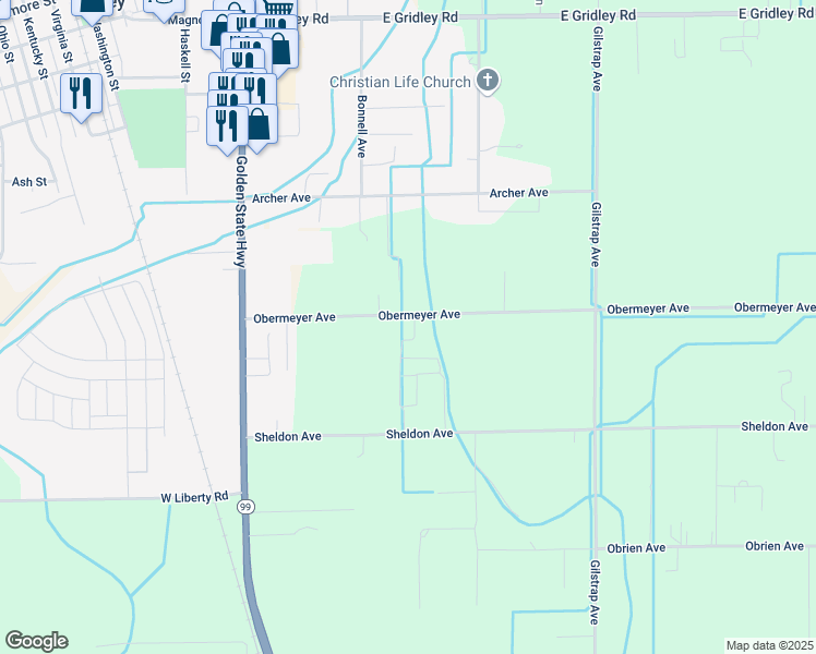 map of restaurants, bars, coffee shops, grocery stores, and more near 144 Obermeyer Avenue in Gridley