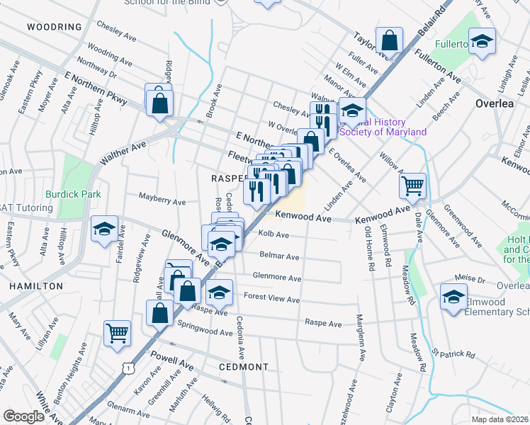 map of restaurants, bars, coffee shops, grocery stores, and more near Belair Rd & Kenwood Ave in Baltimore