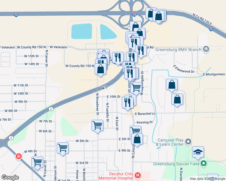 map of restaurants, bars, coffee shops, grocery stores, and more near 302 East 10th Street in Greensburg