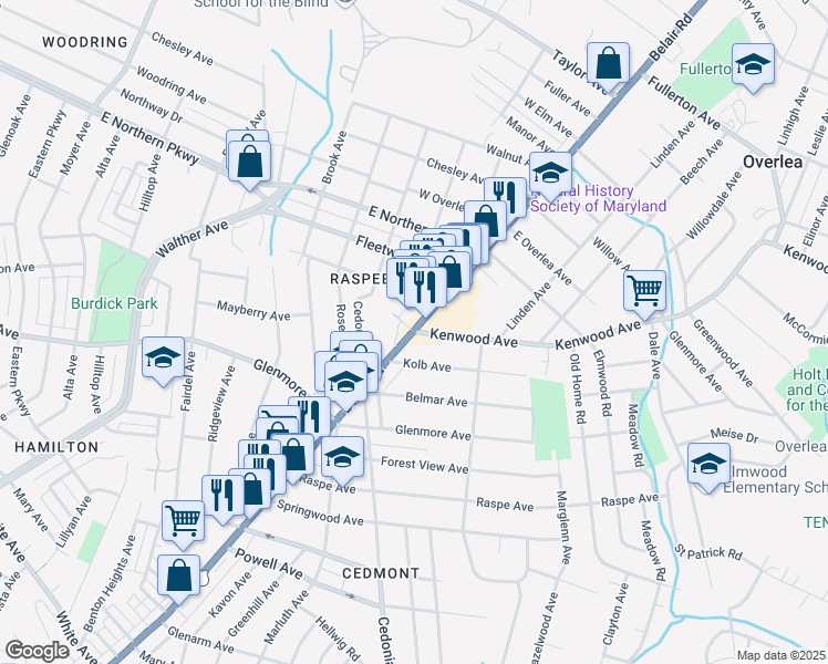 map of restaurants, bars, coffee shops, grocery stores, and more near 2107 Kenwood Avenue in Baltimore