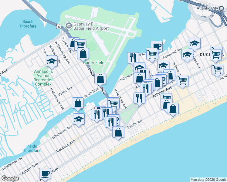 map of restaurants, bars, coffee shops, grocery stores, and more near 128 North Hartford Avenue in Atlantic City