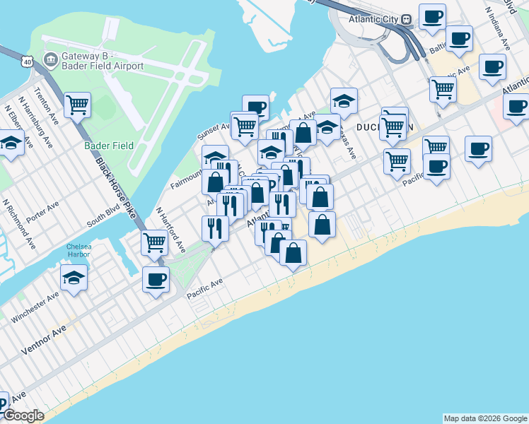 map of restaurants, bars, coffee shops, grocery stores, and more near 3101 Atlantic Avenue in Atlantic City