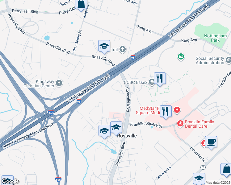 map of restaurants, bars, coffee shops, grocery stores, and more near 7323 Martin Farm Circle in Rosedale