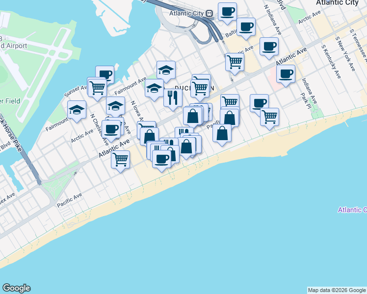 map of restaurants, bars, coffee shops, grocery stores, and more near 106 South Texas Avenue in Atlantic City