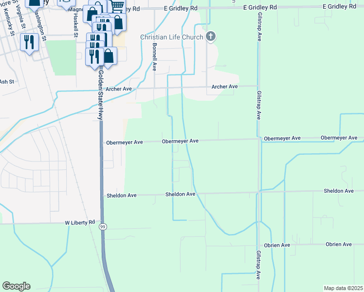 map of restaurants, bars, coffee shops, grocery stores, and more near 144 Obermeyer Avenue in Gridley