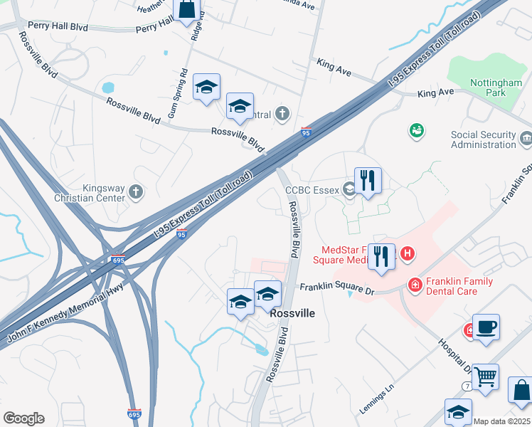 map of restaurants, bars, coffee shops, grocery stores, and more near 7323 Martin Farm Circle in Rosedale