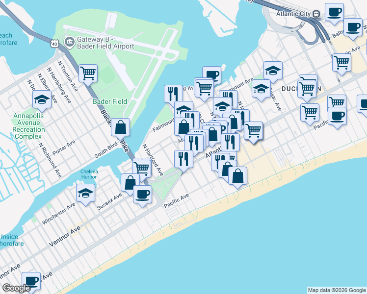 map of restaurants, bars, coffee shops, grocery stores, and more near 32 North Boston Avenue in Atlantic City