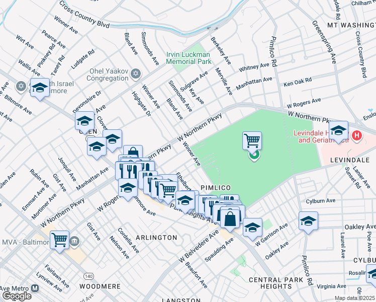 map of restaurants, bars, coffee shops, grocery stores, and more near 3201 West Rogers Avenue in Baltimore