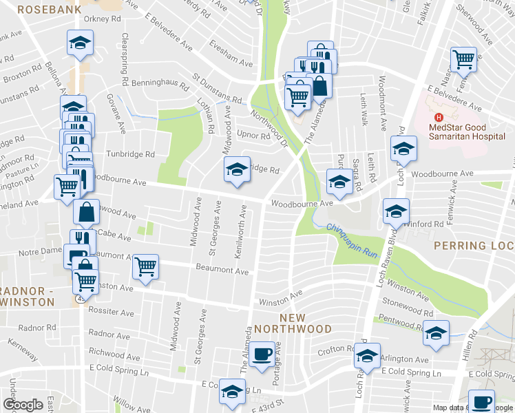 map of restaurants, bars, coffee shops, grocery stores, and more near 5320 The Alameda in Baltimore