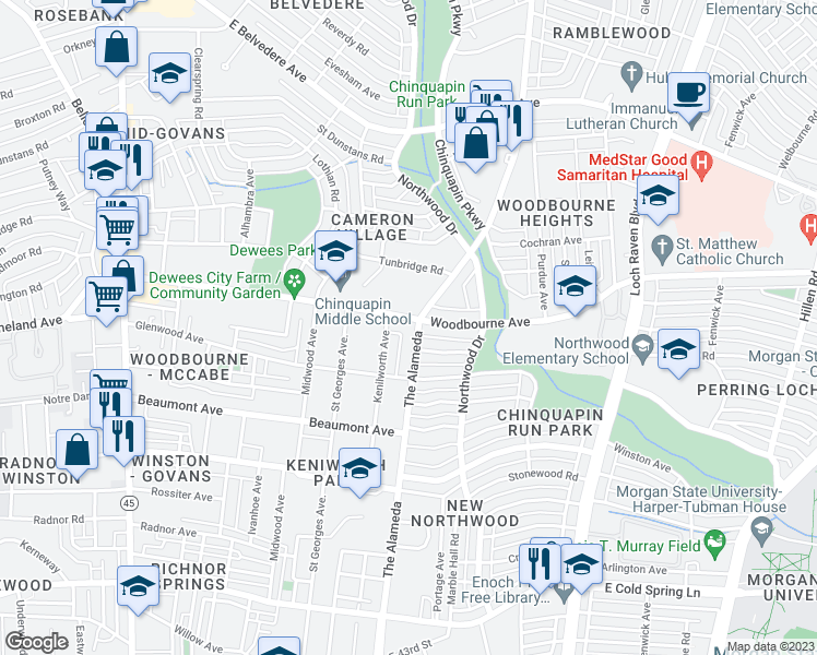 map of restaurants, bars, coffee shops, grocery stores, and more near 5320 The Alameda in Baltimore