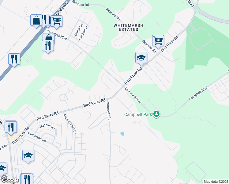 map of restaurants, bars, coffee shops, grocery stores, and more near 6 Macintosh Court in Middle River