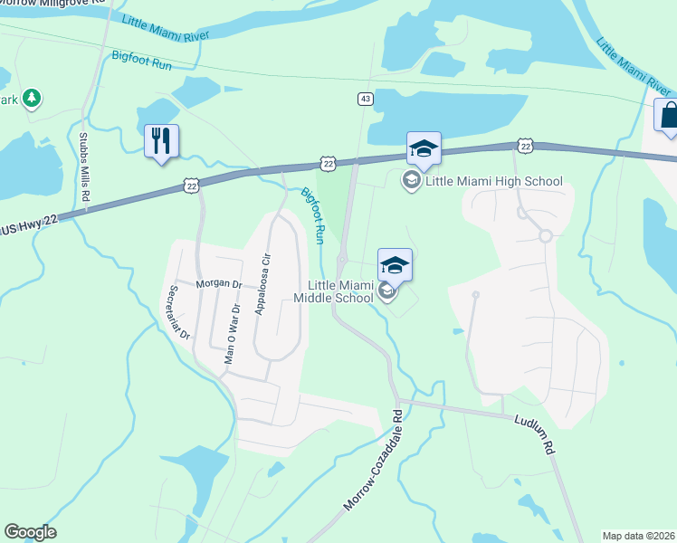 map of restaurants, bars, coffee shops, grocery stores, and more near 5275 Morrow-Cozaddale Road in Morrow