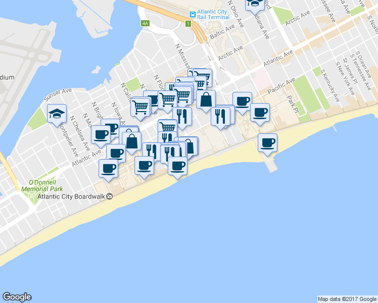 map of restaurants, bars, coffee shops, grocery stores, and more near 145 South Bellevue Avenue in Atlantic City