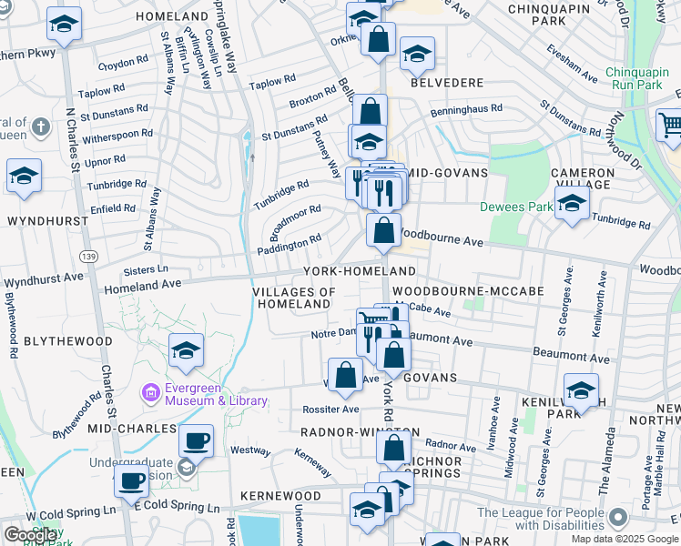 map of restaurants, bars, coffee shops, grocery stores, and more near 413 Homeland Avenue in Baltimore