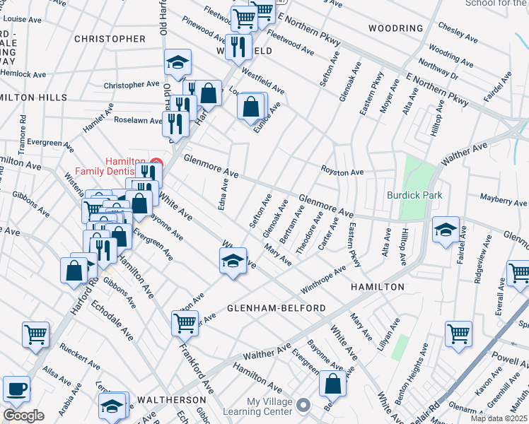 map of restaurants, bars, coffee shops, grocery stores, and more near 5919 Sefton Avenue in Baltimore