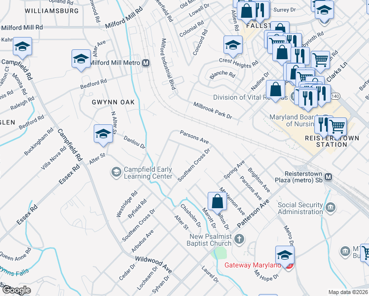 map of restaurants, bars, coffee shops, grocery stores, and more near 6812 Huntington Drive in Baltimore