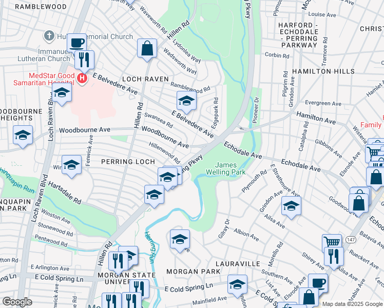 map of restaurants, bars, coffee shops, grocery stores, and more near 5364 Perring Parkway in Baltimore