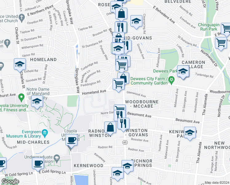 map of restaurants, bars, coffee shops, grocery stores, and more near 5247 Crowson Avenue in Baltimore