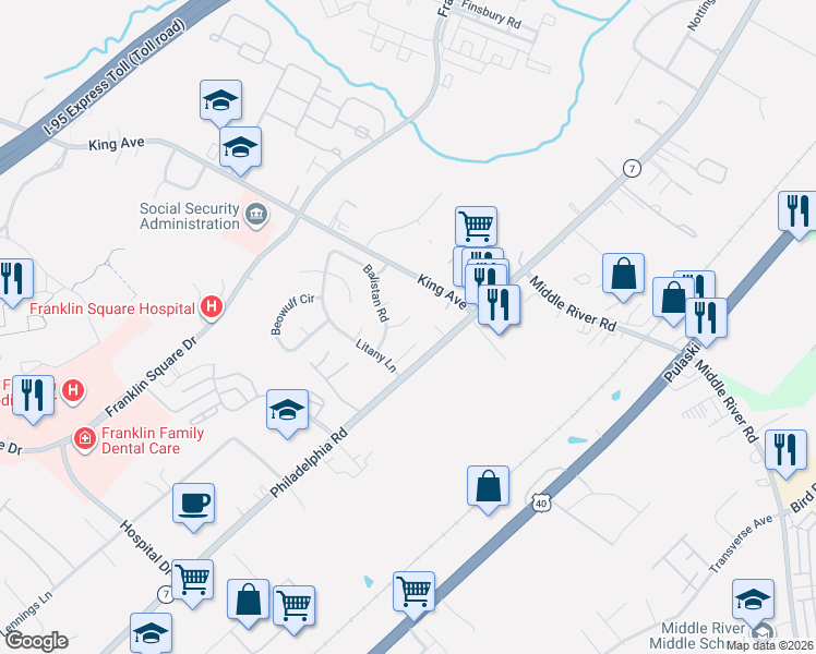 map of restaurants, bars, coffee shops, grocery stores, and more near 7 Barletta Court in Rosedale