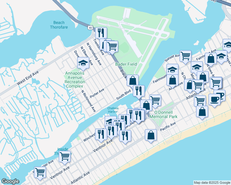 map of restaurants, bars, coffee shops, grocery stores, and more near 320 North Harrisburg Avenue in Atlantic City
