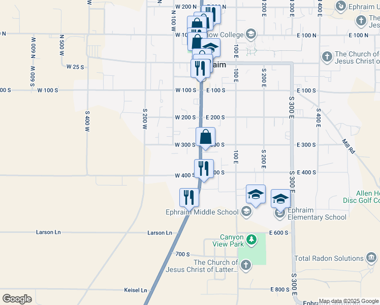 map of restaurants, bars, coffee shops, grocery stores, and more near 335 South 50 West in Ephraim