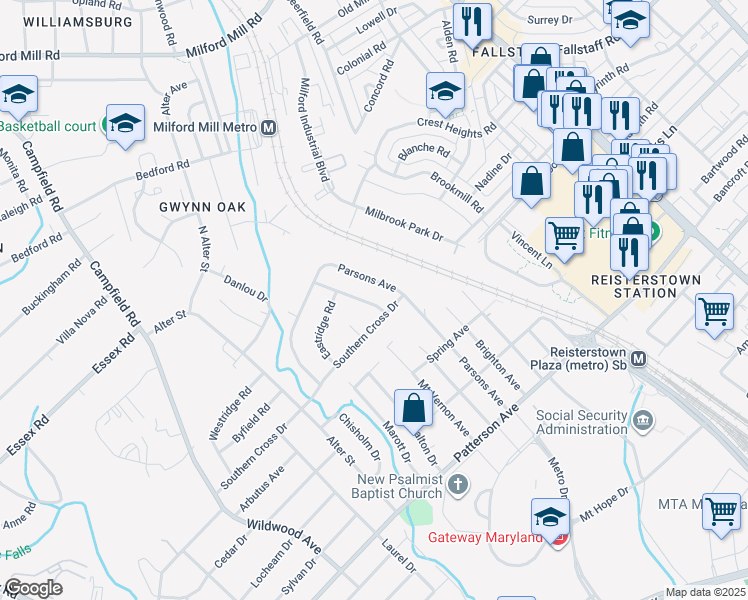 map of restaurants, bars, coffee shops, grocery stores, and more near 6805 Huntington Drive in Baltimore