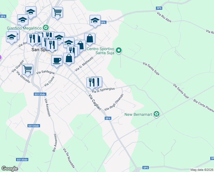 map of restaurants, bars, coffee shops, grocery stores, and more near 8 Via Pio La Torre in San Sperate