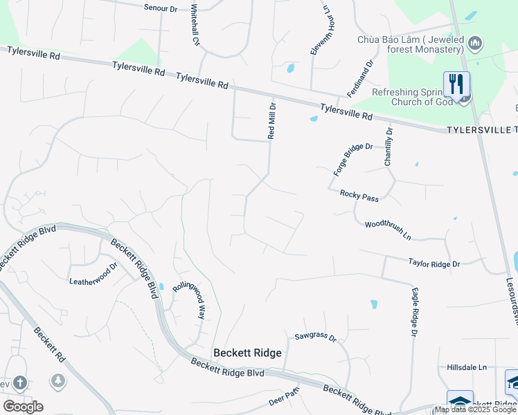 map of restaurants, bars, coffee shops, grocery stores, and more near 8004 Red Mill Drive in Beckett Ridge
