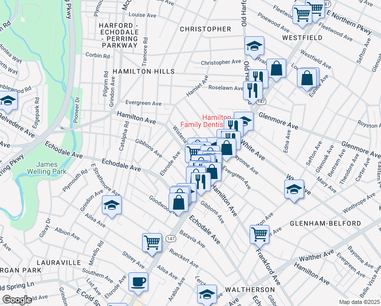 map of restaurants, bars, coffee shops, grocery stores, and more near 2810 Hamilton Avenue in Baltimore