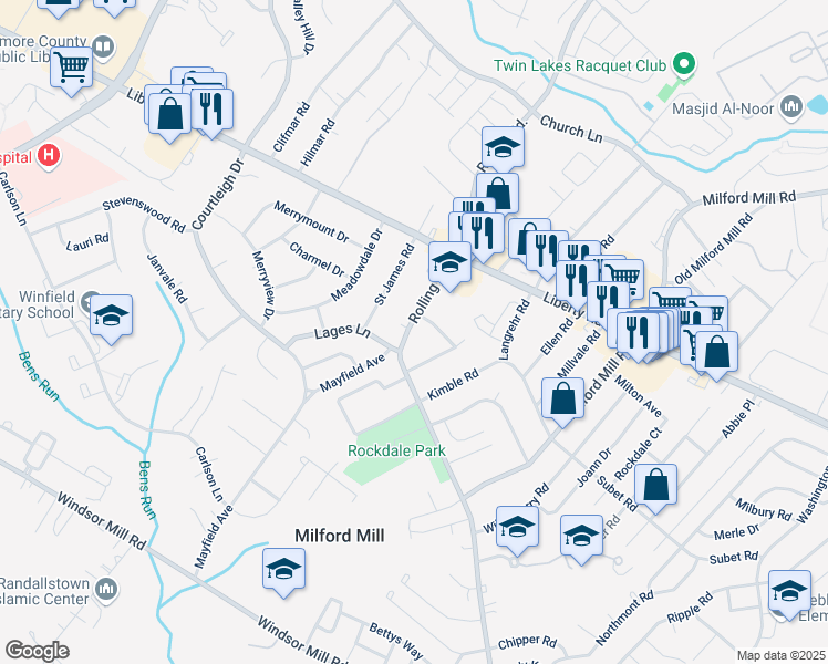 map of restaurants, bars, coffee shops, grocery stores, and more near 3509 Rolling Road in Milford Mill