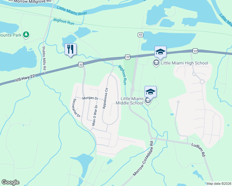 map of restaurants, bars, coffee shops, grocery stores, and more near 5614 Appaloosa Cir in Morrow