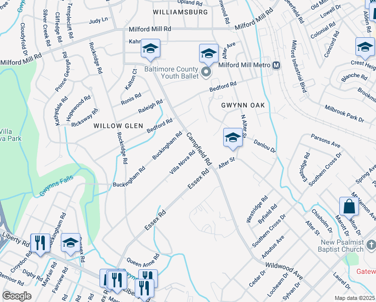 map of restaurants, bars, coffee shops, grocery stores, and more near 4122 Villa Nova Road in Pikesville