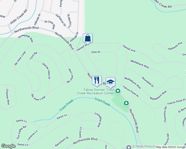 map of restaurants, bars, coffee shops, grocery stores, and more near 12941 Northwoods Boulevard in Truckee