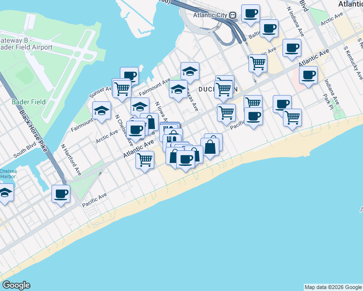 map of restaurants, bars, coffee shops, grocery stores, and more near 37 South Iowa Avenue in Atlantic City