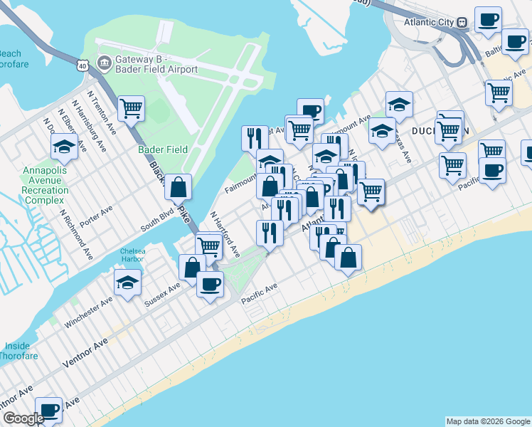 map of restaurants, bars, coffee shops, grocery stores, and more near 32 North Boston Avenue in Atlantic City