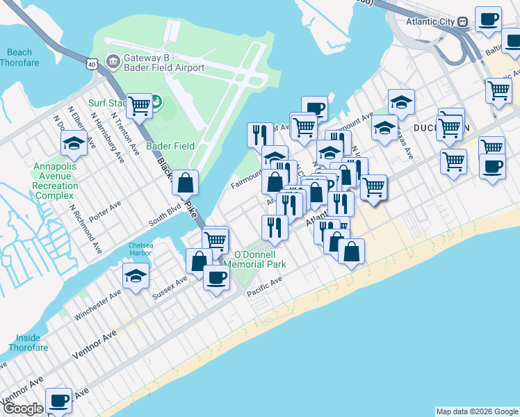 map of restaurants, bars, coffee shops, grocery stores, and more near 32 North Boston Avenue in Atlantic City