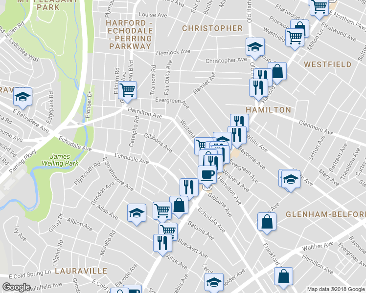 map of restaurants, bars, coffee shops, grocery stores, and more near 5404 Elsrode Avenue in Baltimore