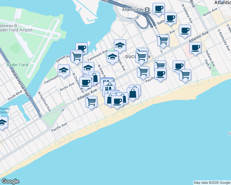 map of restaurants, bars, coffee shops, grocery stores, and more near 37 South Iowa Avenue in Atlantic City