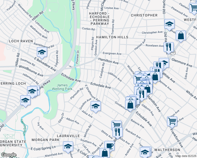 map of restaurants, bars, coffee shops, grocery stores, and more near 5308 Catalpha Road in Baltimore