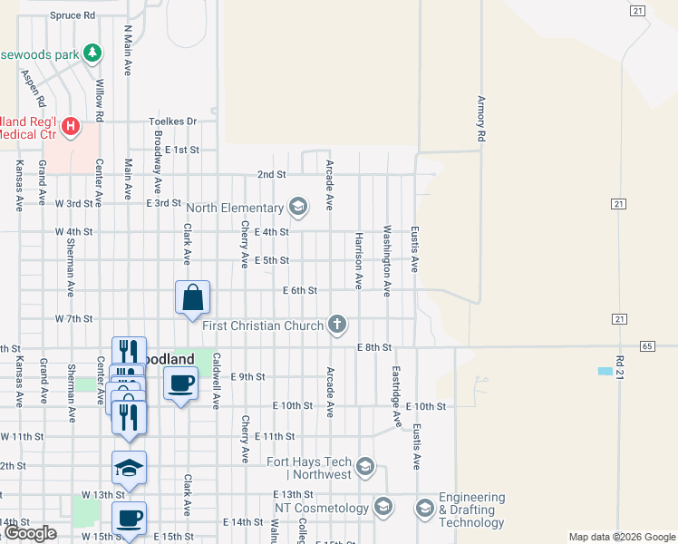map of restaurants, bars, coffee shops, grocery stores, and more near 851-899 East 5th Street in Goodland