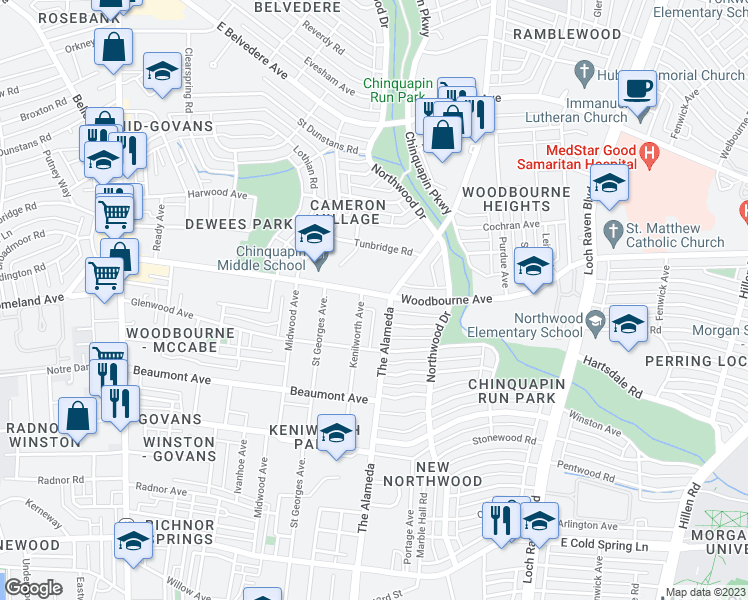 map of restaurants, bars, coffee shops, grocery stores, and more near 1105 Woodbourne Avenue in Baltimore